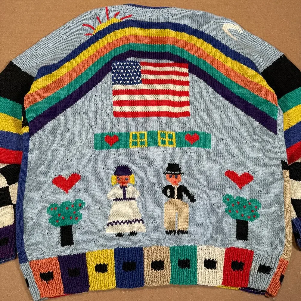 Vintage Teacher Americana Knit Cardigan USA Statue of Liberty Southwest Scene XL